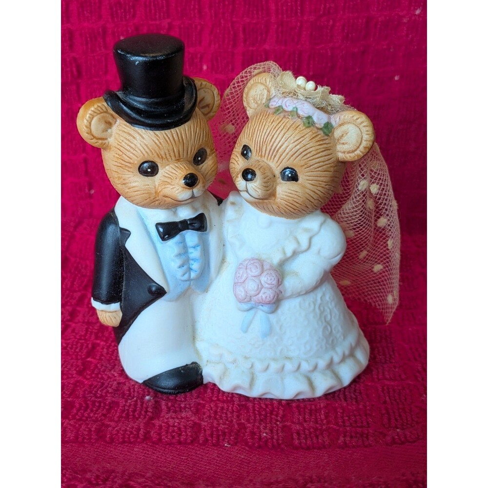 Vintage Homco Teddy Bear Cake Topper Wedding Bride Groom 70s 1424 Top Hat 3.5"